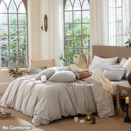 Image of MooMee Wavy Striped Duvet Cover Set 100% Washed Cotton Linen Like Textured Breathable Durable Soft Comfy (Light Grey, Twin 68 inchx90 inch)