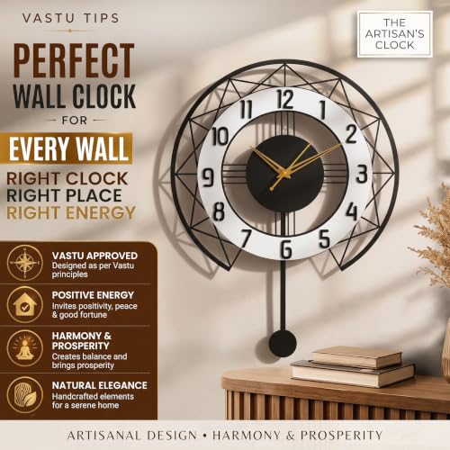 Image of Pendulum Wall Clock for Living Room Stylish | Metal Wall Watch for Office, Bedroom, Hall | Big Size Morden Wall Decor for Home (15 Inch Matt Black)