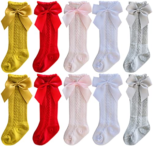 Image of Baby Girls Knee High Socks Bow-Stitched Toddler Breathable Long Sock Cable Knit Tube