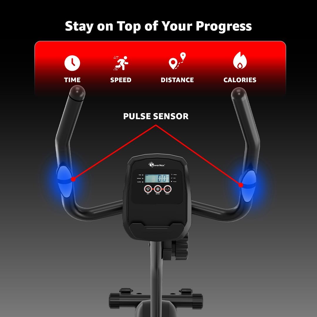 PowerMax Fitness BU 400 Magnetic Exercise Upright Bike With 3.5KG Flywheel, LCD Display, iPad Holder & Heart Rate Sensor For Home Workout, Black