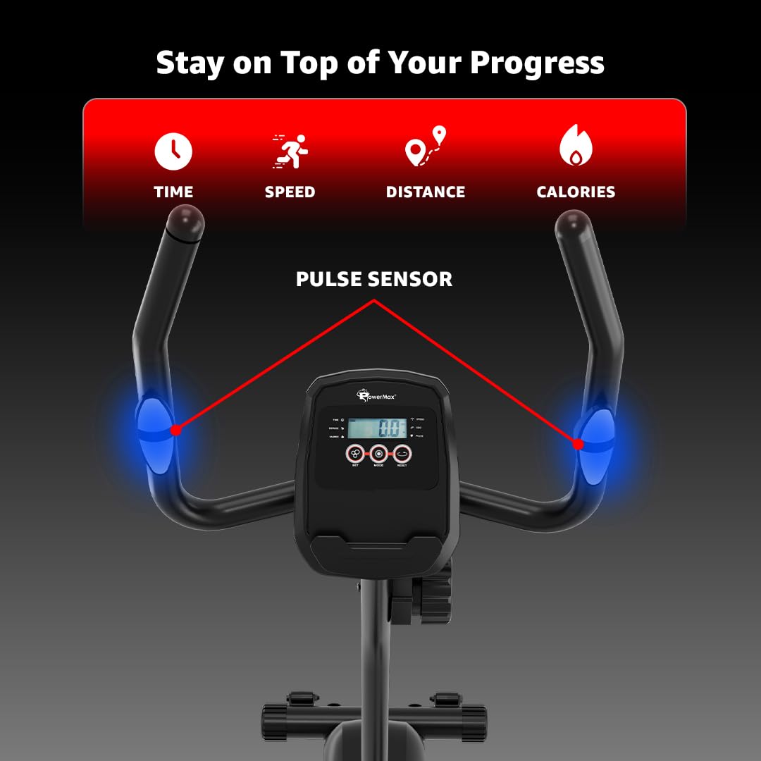 PowerMax Fitness BU 400 Magnetic Exercise Upright Bike With 3.5KG Flywheel, LCD Display, iPad Holder & Heart Rate Sensor For Home Workout, Black