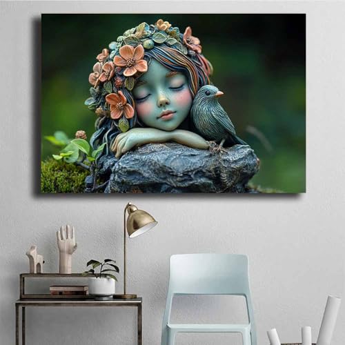 Peinture murale fée de jardin décoration intérieur toile verte 70x100 - 4