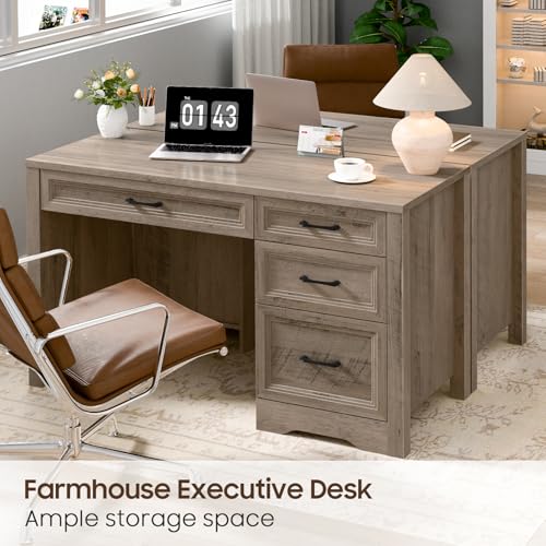 Image of Vabches Farmhouse Executive Desk with Storage and Ample File Drawer, Rustic Large Home Writing Desk for Bedroom, Grey