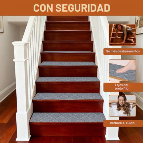 Alfombrillas antideslizantes para escalones autoadhesivas con un elegante acabado textil gris 4