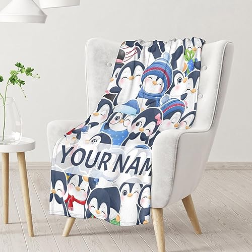 Custom Penguin Blankets with Name - Soft Warm Blanket Throw for Kids, Adults - 60"x80" Flannel Blankets for Bed, Couch, Sofa - Blue Cute Blanket Gifts