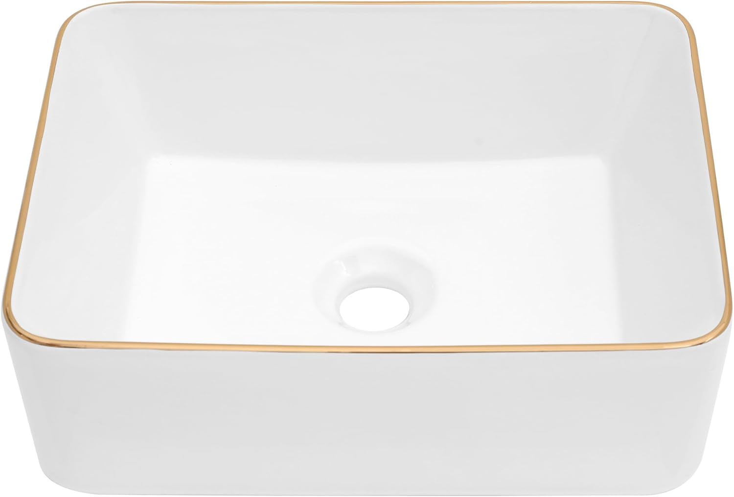 Dcolora Vessel Sink Rectangular 16"x12" White Vessel Sink with Gold Rim Ceramic Porcelain Rectangle Bathroom Sink Above Counter Vanity Sink Basin
