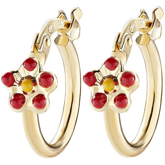 Orecchini bambina di Amen della collezione Junior. Gioiello realizzato in argento 925 di colore oro e smalto rosso e giallo. Diametro: 1 cm. La referenza è ORJFIGR1