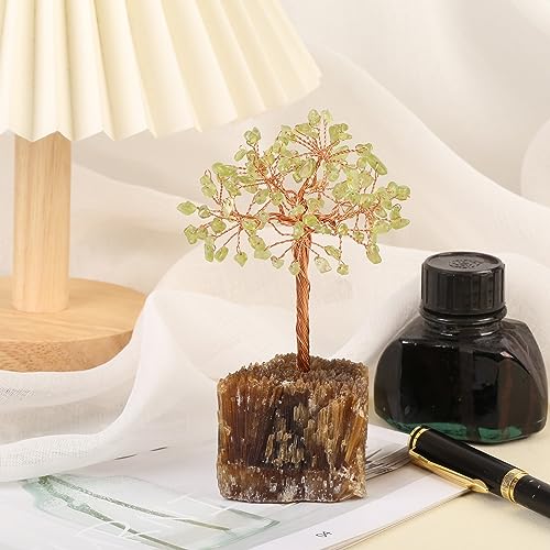 mookaitedecor Natural Peridot Green Healing Crystal Tree on Amber Calcite Cluster Base Feng Shui Money Tree Ornament for Home Semi Precious Gemstone Bonsai Tree Raw Crystal Gift Reiki Room Decor - Image 4