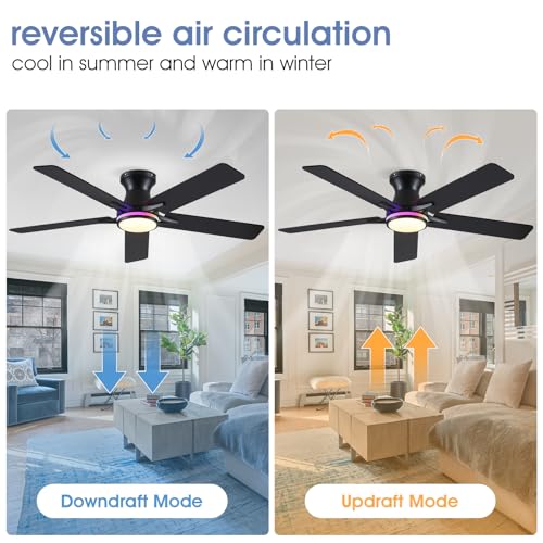 Image of 52 inch RGB Ceiling Fans with Lights and Remote /APP,Black Low Profile Ceiling Fans,Modern Flush Mount Ceiling Fans for Bedroom Kids Room