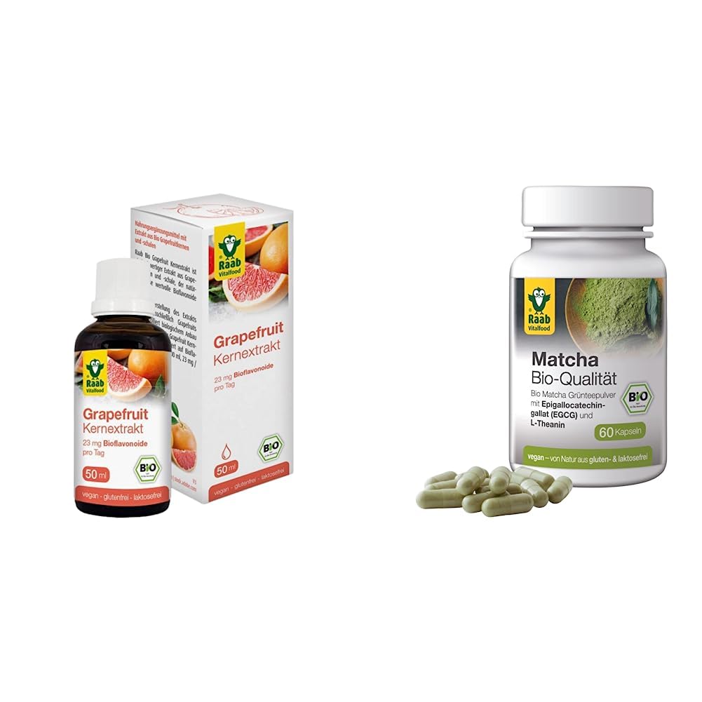 Raab Vitalfood Bio Grapefruit-Kernextrakt mit Bioflavonoiden, Tropfen & Bio Matcha-Kapseln, 60 Stück, Grüntee-Extrakt aus Japan, Premium Qualität, vegan, glutenfrei, grüner Tee, 1 Monat