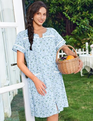 Image of Ekouaer Nightgowns for Women House Dress with Pockets Snap Front House Coat Short Sleeve Duster Moo Moos Sleepwear S-3XL