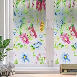 SHREE G PVC Partition Sliding Heat Control Premium Floral Design Window Glass Film for Home Office Bathroom Living Room Kitchen Door Glass Cabinet (Multicolor, 24x24 Inch)