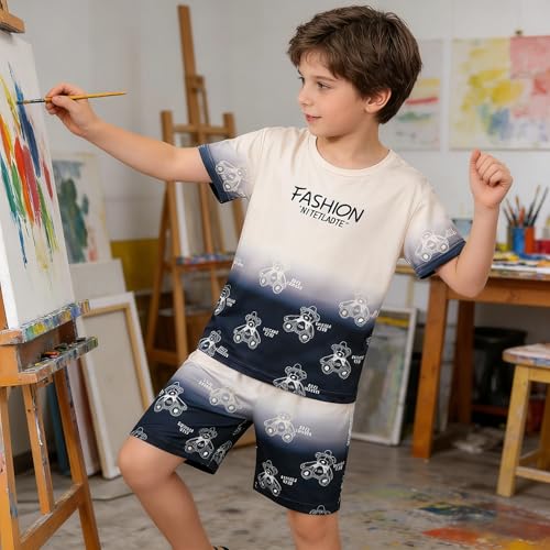 Image of Ayzozuy Boy Clothes Colorblock Top + Drawstring Waist Shorts 2 Pieces Kid Summer Outfits Set