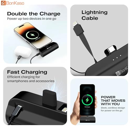 Image of BonKaso 5000mAh Mini Power Bank 15W PD Fast Charging, Built-in Type-C & i5 Cable, USB-C Input /Output, LED Indicator, Portable Charger with Mobile Stand for iPhone, Android - Black