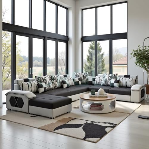 Image of Silvester 12 Seater Sofa Set for Living Room (Black-Grey) | Interchangeable U Shape Sectional Sofa | Solid Wood Frame & High-Density Supersoft Foam | Includes Puffy & Stool | Modern Home Furniture