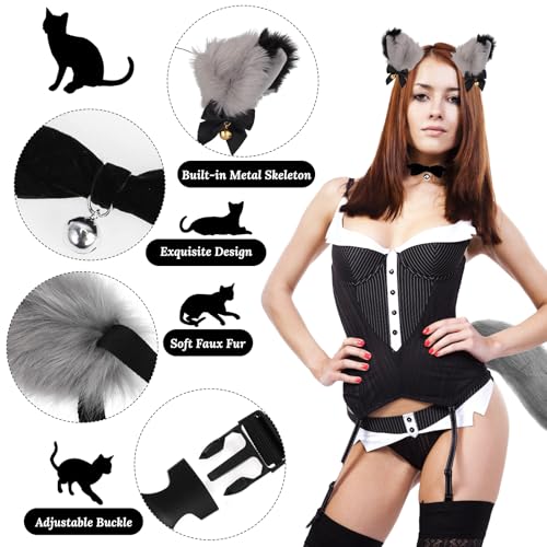 5 Stück Schwarze Katze Kostüm Set, Plüsch Kunstfell Fox Wolf Tail Kit mit Stirnband Katzenohren Halsband Plüsch Handschuhe Schwanz für Damen Karneval Cosplay Fancy Dress Party