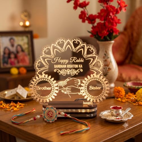Image of lampees Personalized Raksha Bandhan 3D LED Lamp - Acrylic Night Light for Brother & Sister - Unique Keepsake Gift for Rakhi Bhaiya, Bhabhi & Siblings with Warm White Light