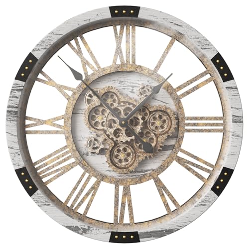 DORBOKER 30 Original Moving Gears Wall Clock, Large Industrial Wall Clock for Living Room Decor, Solid Wood Vintage Farmhouse Steampunk Rustic Clocks for Wall Decor,Silver Grey