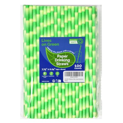 Lives on Green Pailles en papier pour boire Bambou vert, 7.75« x 0.24 » - pour cocktail, jus de fruit, thé glacé, 100% biodégradable