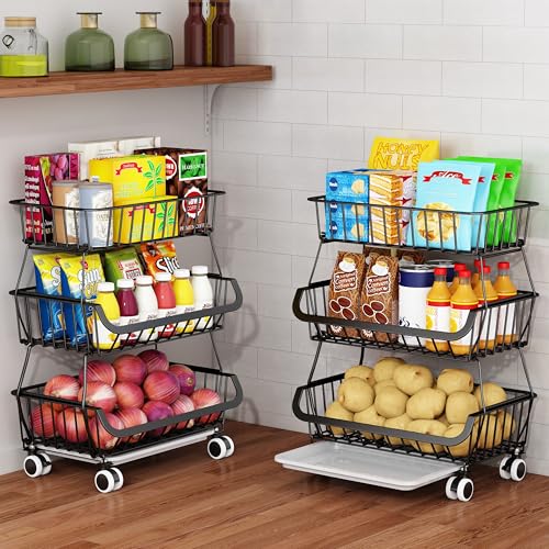 3-Tier Rolling Pantry Floor Organizer, Stackable Pantry Storage Cart with Wheels, Metal Wire Pantry Baskets, Kitchen Fruit Basket Stand, Vegetable Storage Rack for Fruits Snacks Onions Potatoes,1 Pack