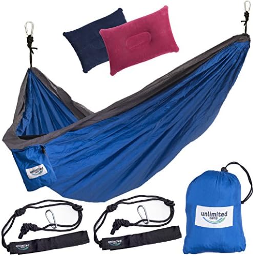 2 Person Hammock by Unlimited Camp: 3 Seam Nylon Portable Lightweight Bedding for Camping, Hiking, Beach, or Yard plus Free Pillows, Ropes, and Straps