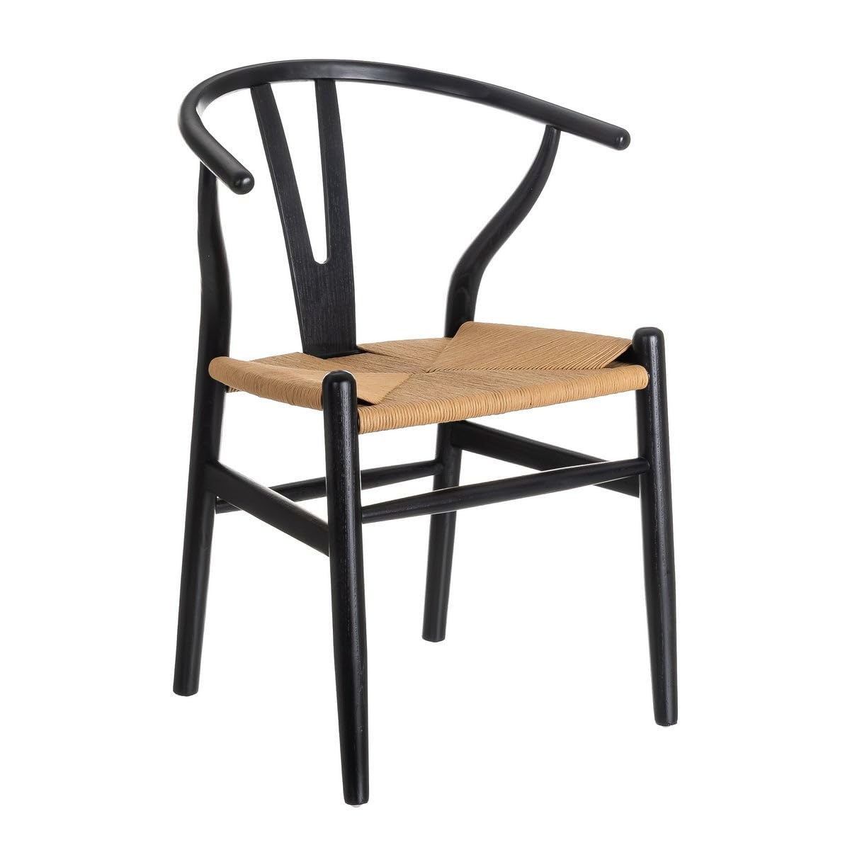 LOLAhome - Pack de 4 sillas de Comedor Ming de Madera de Olmo Color Negro con Asiento de Cuerda de Fibra de Papel en Tono Natural