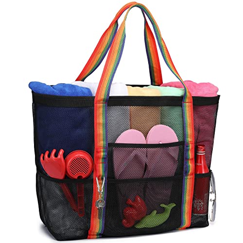 Strandtasche, F-Farbe Netz-Strandtasche, übergroße Strandtasche, 9 Taschen, Strand-Spielzeugtasche, Regenbogenschwarz Cover