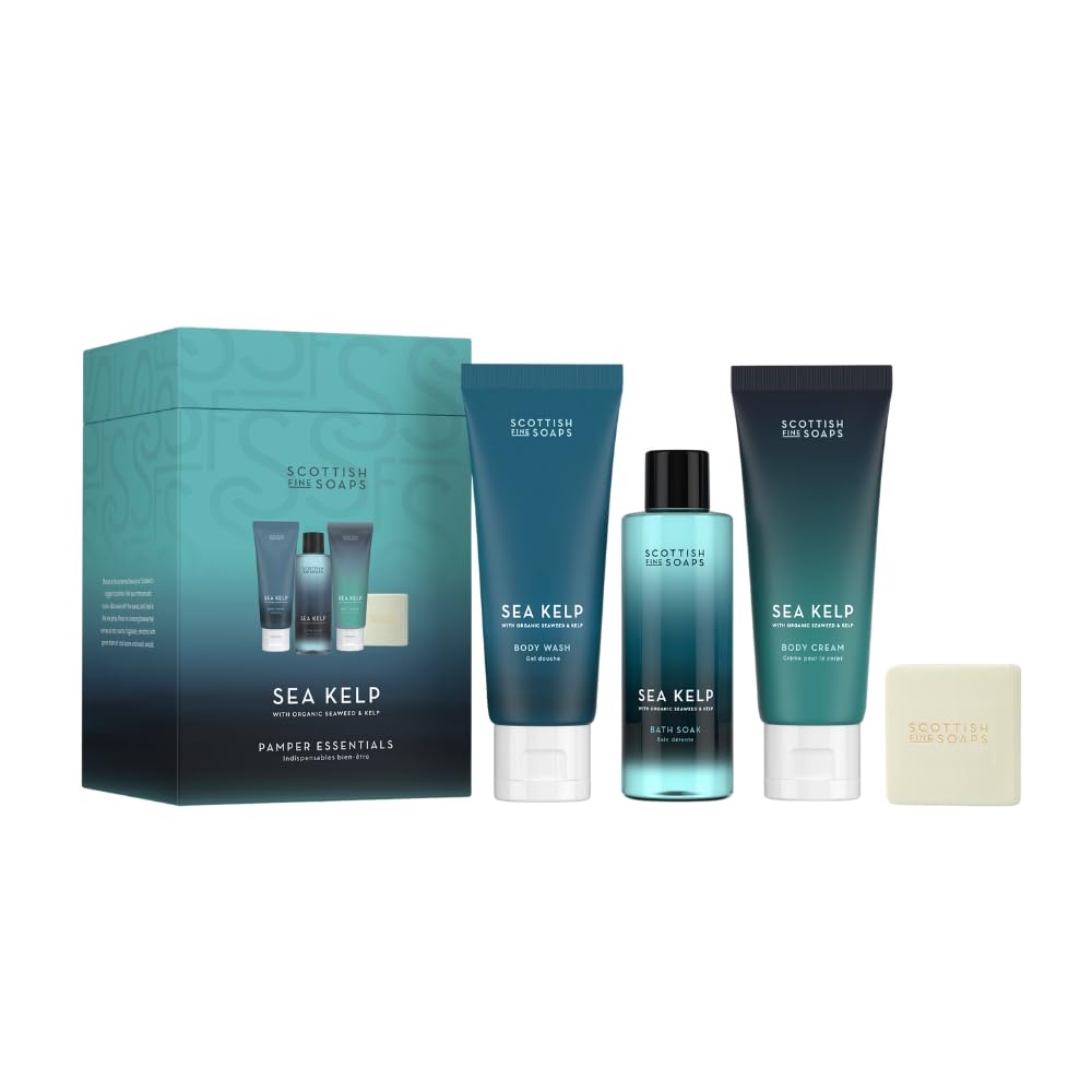 Scottish Fine Soaps Sea Kelp Pamper Essentials Gift Set – Body Wash, Body Cream, Bath Soak and Cleansing Soap Bar Set