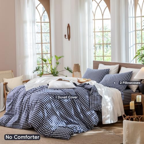 Image of MooMee Gingham Duvet Cover Set 100% Washed Cotton Linen Like