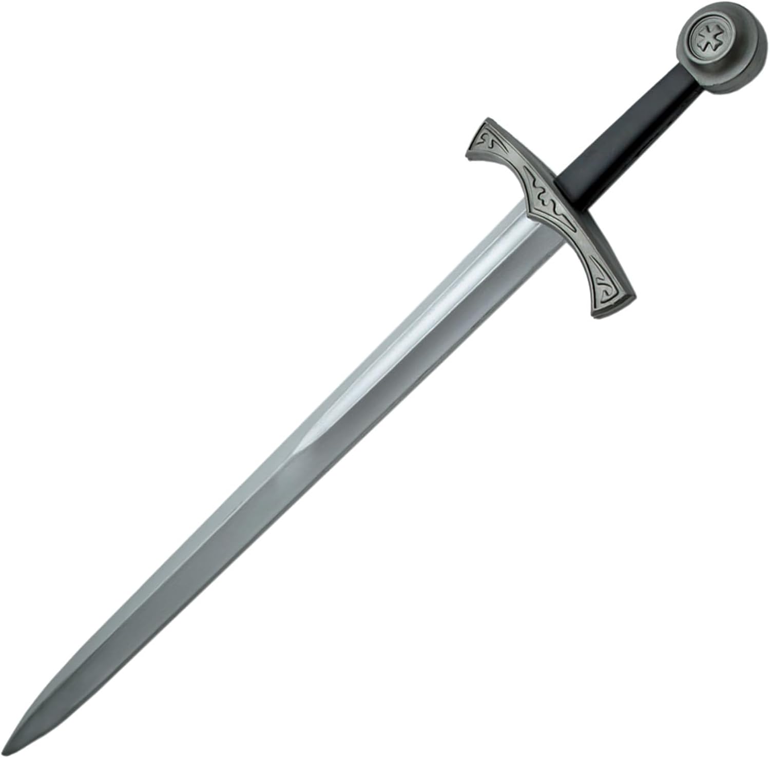 Szco 28” Latex Excalibur LARP Sword – Medieval Foam Sword Prop Weapon with Black Handle & Silver Blade for Cosplay, Costume Accessory, Roleplay & Halloween