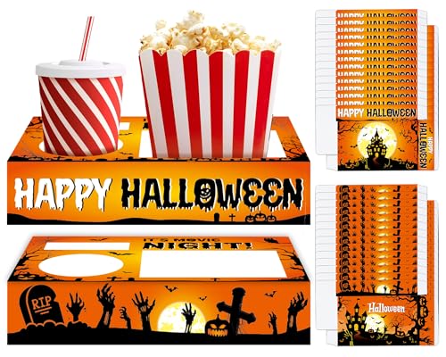 Image of QOUBAI 32Pcs Halloween Party Supplies Movie Night Paper Snacks Boxes Halloween Movie Theater Snack Tray Party Decorations Popcorn Drink Holder Set for Birthday
