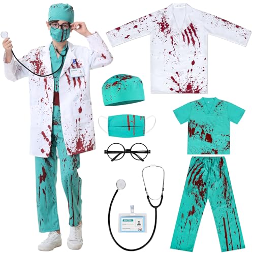 Cheffery Disfraz Doctor Niños, Disfraz Cirujano Niño Disfraz Halloween Niño Zombie con Estetoscopio, Kit Médico Doctor Halloween Carnaval Juego de Roles Disfraz para Niños y Niñas 3-10 Años (130)