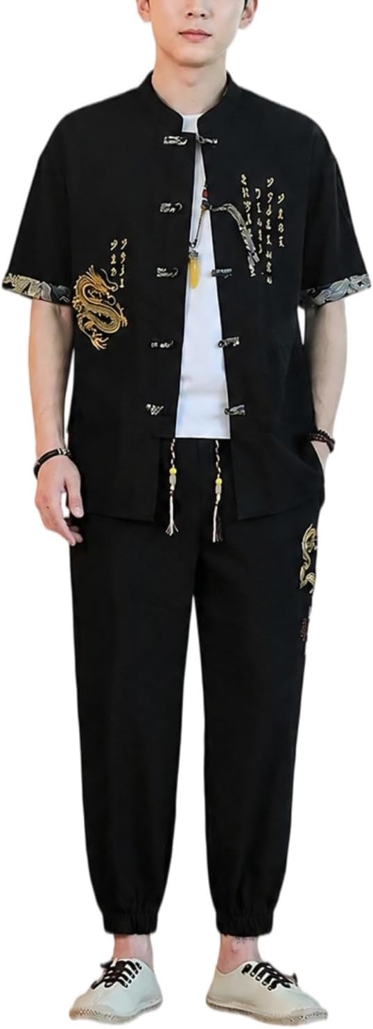 Men's Linen Chinese Tang Suit Set Short Sleeve T-Shirt Top and Ankle Pants Casual 2 Piece Outfit