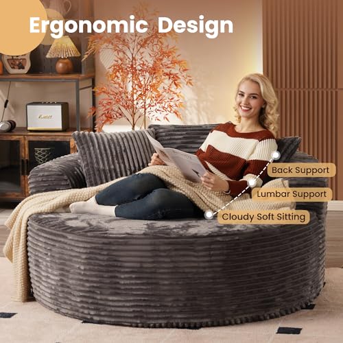 Image of HOOOWOOO Cloud Round Couch for Living Room,Oversized Single Sofa No Assembly,Matching Plush Corduroy Chaise Lounge Accent Chair for 1 to 2 Persons(Gray)