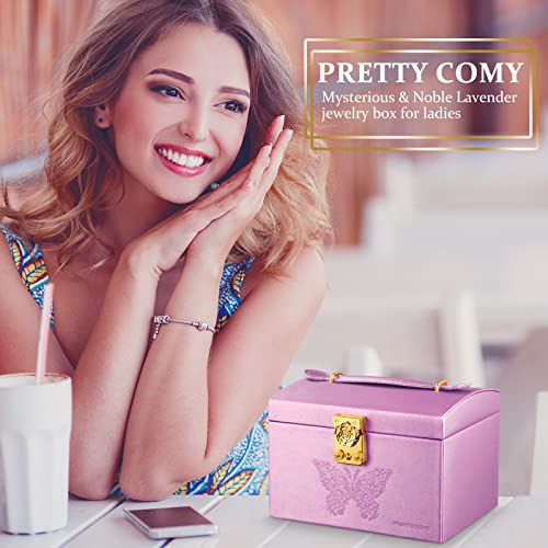 Pretty Comy Jewelry Boxes For Girls, Jewelry Organizer Box 3 Layer With 2 Drawer Pu Leather, Purple Kids Jewelry Box With Lock Mirror For Earrings Bracelets Rings Necklace Watch(Butterfly & Lavender) #TOP5