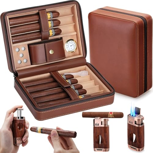 Travel Cigar Humidor Case, Cedar Wood Lined Leather Box w/ 3-in-1 Lighter-Built-in V Cutter/Holder, Humidifier, Hygrometer, Accessories Pocket, Portable 8 Cigars Storage, Gift for Men