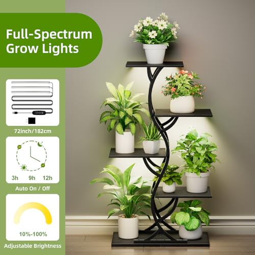 Image of Plant Stand Indoor with Grow Lights - 5 Tiered Corner Plant Shelves (Black) | 44 inch Tall Metal Plant Shelf, S-Shape Lighted Flower Holder Dispaly Rack for Living Room, Home, Patio, Balcony