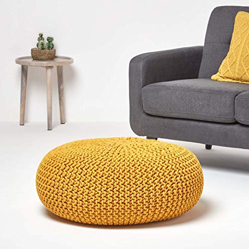 Pouf rond tressé coton 70x23 cm pieds bois Homescapes