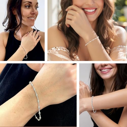 Sterling Silver Bracelets for Women - Exudes Beauty And Elegance - Stretch Beaded Charm Bracelet 925 Silver Bangles Jewelry Great For Birthday Gifts Birthday Anniversary - 7.5 Inches2