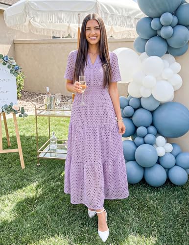 Image of ZESICA Women's 2026 Summer Short Sleeve Maxi Dress Casual V Neck Hollow Out Eyelet Ruffle Swing A Line Long Dresses