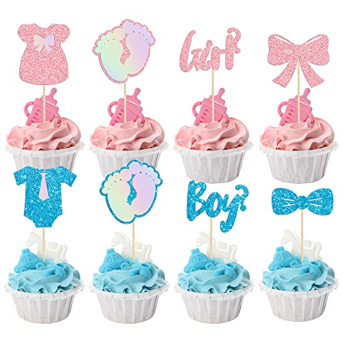 Gyufise 24 Pack Boy or Girl Cupcake Toppers Glitter Onesie Jumpsuit Footprint Bow Tie Cupcake Picks Baby Shower Kids Birthday Gender Reveal Party Cake Decorations Supplies