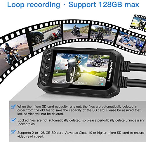 Motorcycle Dash Cam,Blueskysea DV128 1080P Dual Lens Video Recorder Motorcycle Camera Front and Rear Waterproof DVR with G-Sensor, Loop Recording,GPS,Manual Lock,Night Vision