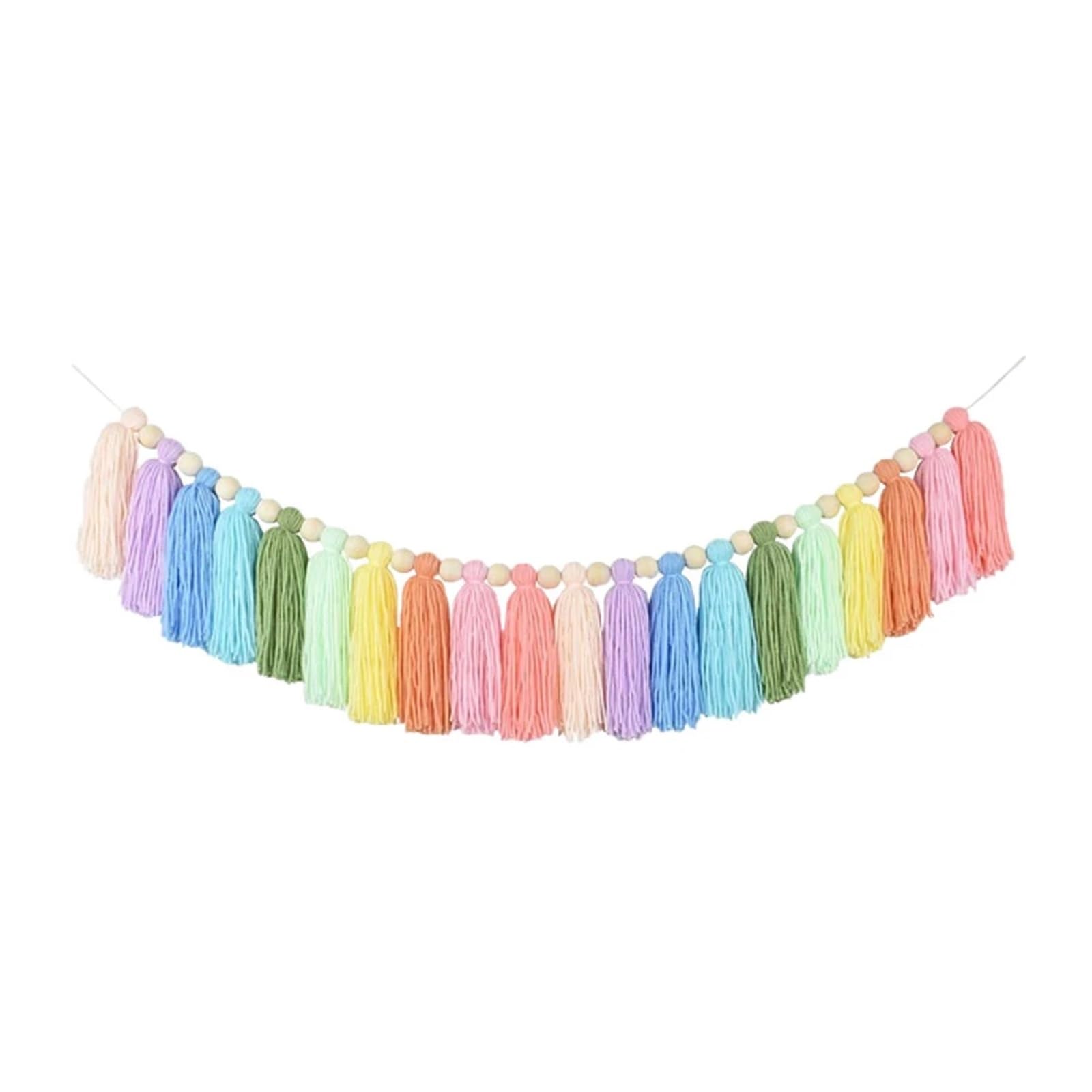 Xinglongs Macrame Wall Hanging Pastel Rainbow Tassel Garland 37in with Wood Beads for Bedroom Wall Decor