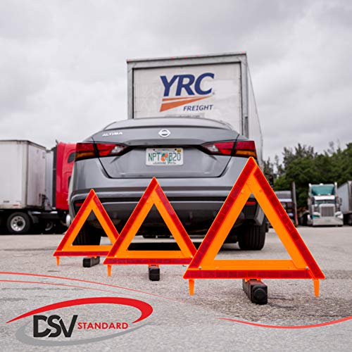 Image of DSV Standard Warning Triangles, Safety Triangles DOT Approved, Plastic, 6 Pack, Reflective Triangles with Heavy Base, FMVSS 571.125 &Carrying Case Included