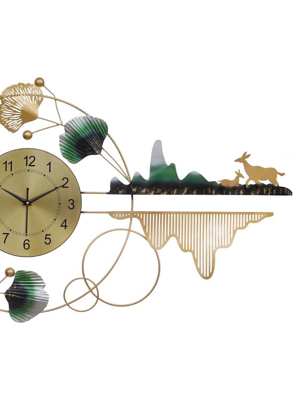 Image of CHRONIKLE Designer Iron Golden and Green Analog English Numerals Wall Hanging Clock for Living Room Bedroom Home Office Timeless Decor (Size: 120 x 2.5 x 56 CM| Weight: 1700 Gram)