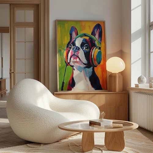 Image of Boston Terrier Music Headphone Wall Art Print Poster, Dog Pet Lover Picture Painting Artwork Bedroom Living Room Office Dining Room 150D (Boston Terrier Music Headphone, 11 inchW x 14 inchL, Wood Frame)