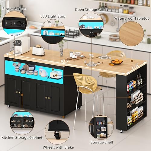 Image of 84'' Rolling Kitchen Island with Swivel Table, Islands Cart with LED Lights, Power Outlet, Movable Storage Cabinet with Side Tabletop on Wheels, for Living Room, Home Bar, Black