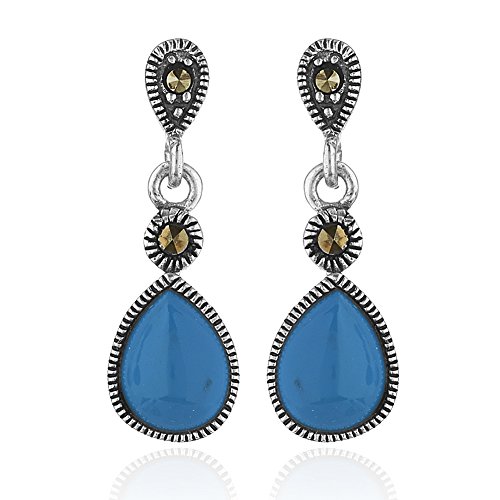 925 Sterling Silver Marcasite Teardrop Blue Reconstructed Turquoise Gemstone Post Dangle Earrings