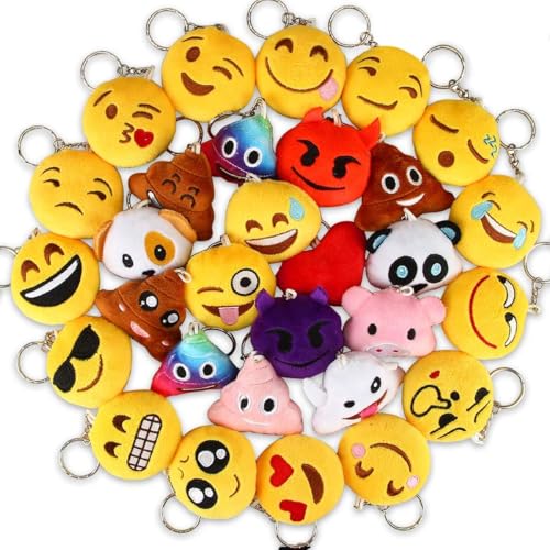 Guovita Mini Plush Keychain Set, 30Pieces, Assorted Emoticon Stuffed Toys,Backpack Plush Hangers - Great Party Favor or Gift Basket Item