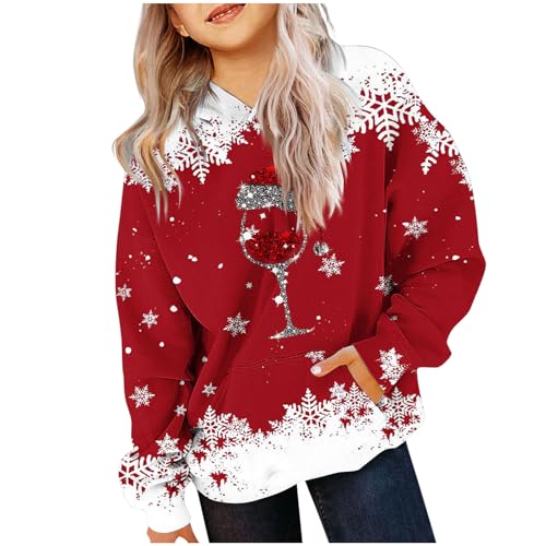 Christmas Hoodies for Teen Girls Trendy Long Sleeve Funny Wine Glass Graphic T-shirts Cute Holiday Hooded Sweatshirts